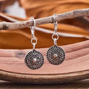 Round Silver Drop Pendant Earrings Carved Vntge Style Dangle Charm Boho Classic